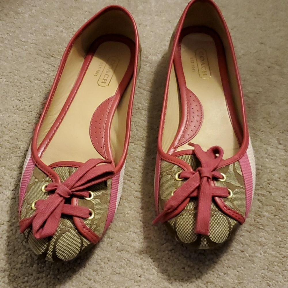 Coach Pink and Tan Signature Canvas Ballet Flats
